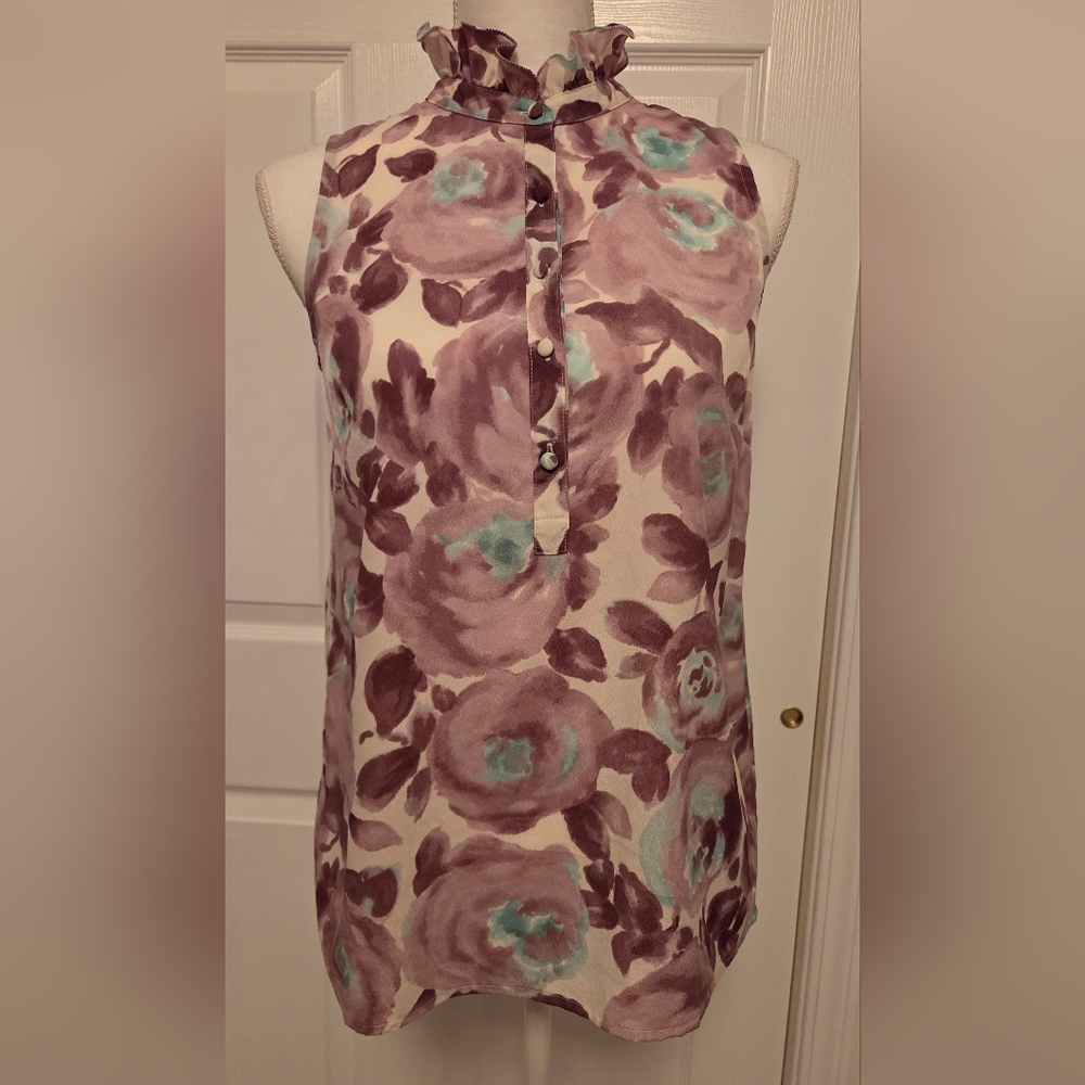 LOFT Floral Ruffle Neck Blouse - Purple and Teal